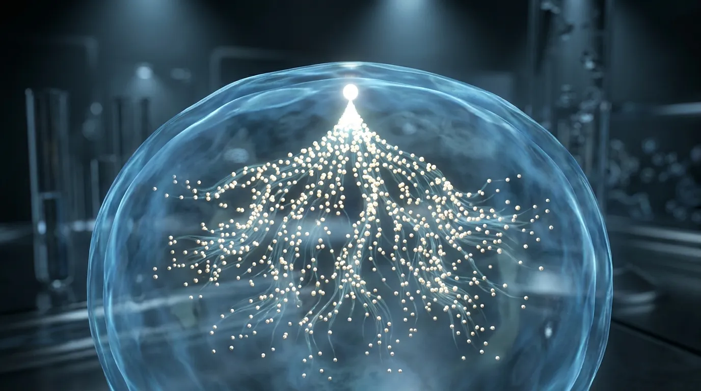 One bright point of light at a cell surface triggering a fanning-out chain of many smaller glowing molecules spreading through translucent blue cytoplasm, illustrating signal amplification.