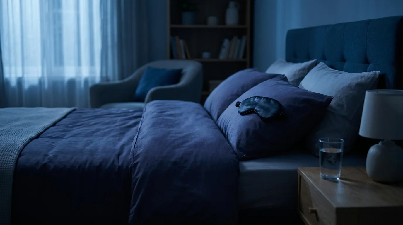 A serene dark bedroom at night with soft moonlight, a sleep mask on the pillow and a glass of water on the nightstand, evoking sleep and recovery.