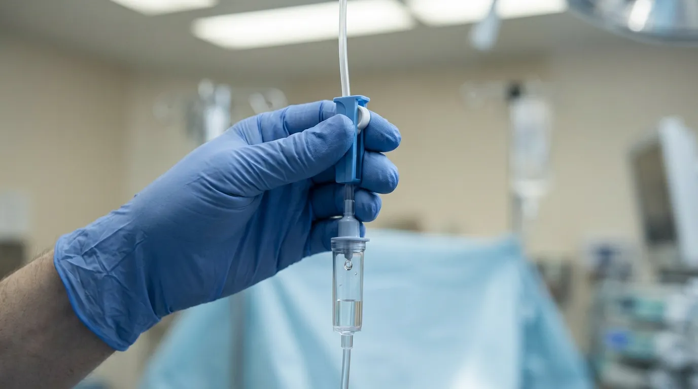 A clinician's gloved hand gently adjusting the roller clamp on a clear IV infusion line to slow the drip rate, with a single droplet forming in the drip chamber, in soft clinical light.