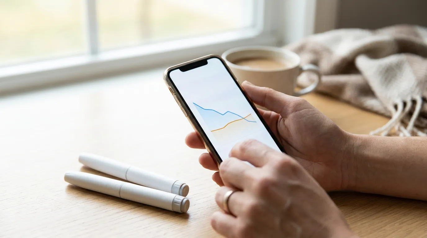 A person's hand holding a smartphone showing an abstract health dashboard with a descending glucose trend line in blue beside a steady weight line in amber, next to two unlabeled injector pens on a light wooden surface in soft morning light.
