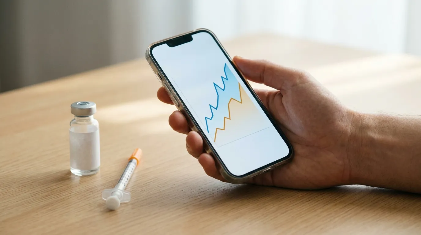 A person's hand holding a smartphone showing an abstract health dashboard with two ascending trend lines in blue and amber, beside an unlabeled medication vial and a small syringe on a light wooden surface in soft morning light.