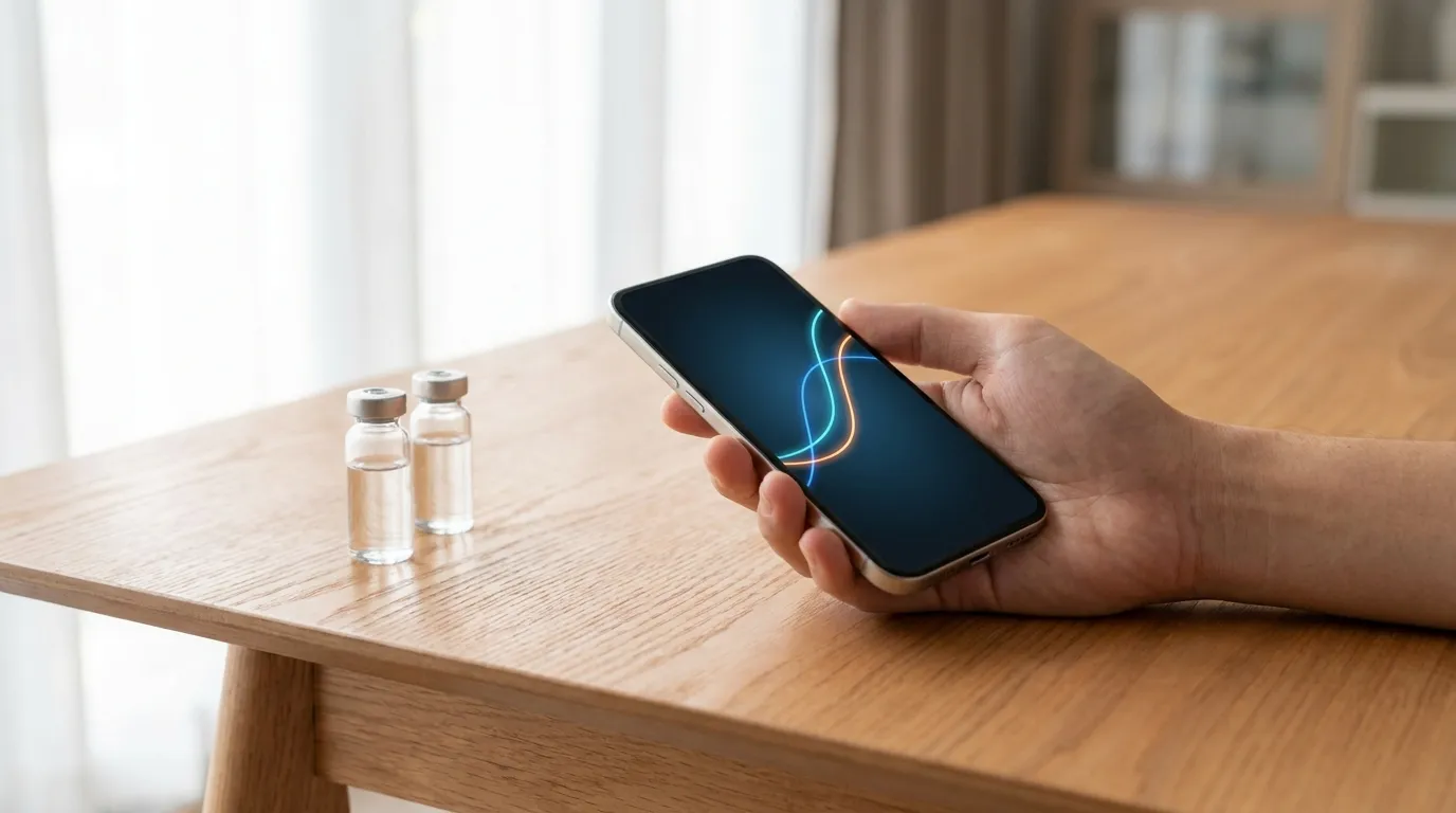 A person's hand holding a smartphone showing an abstract health dashboard with two ascending trend lines in blue and amber, beside two unlabeled glass vials on a light wooden surface in soft morning light.