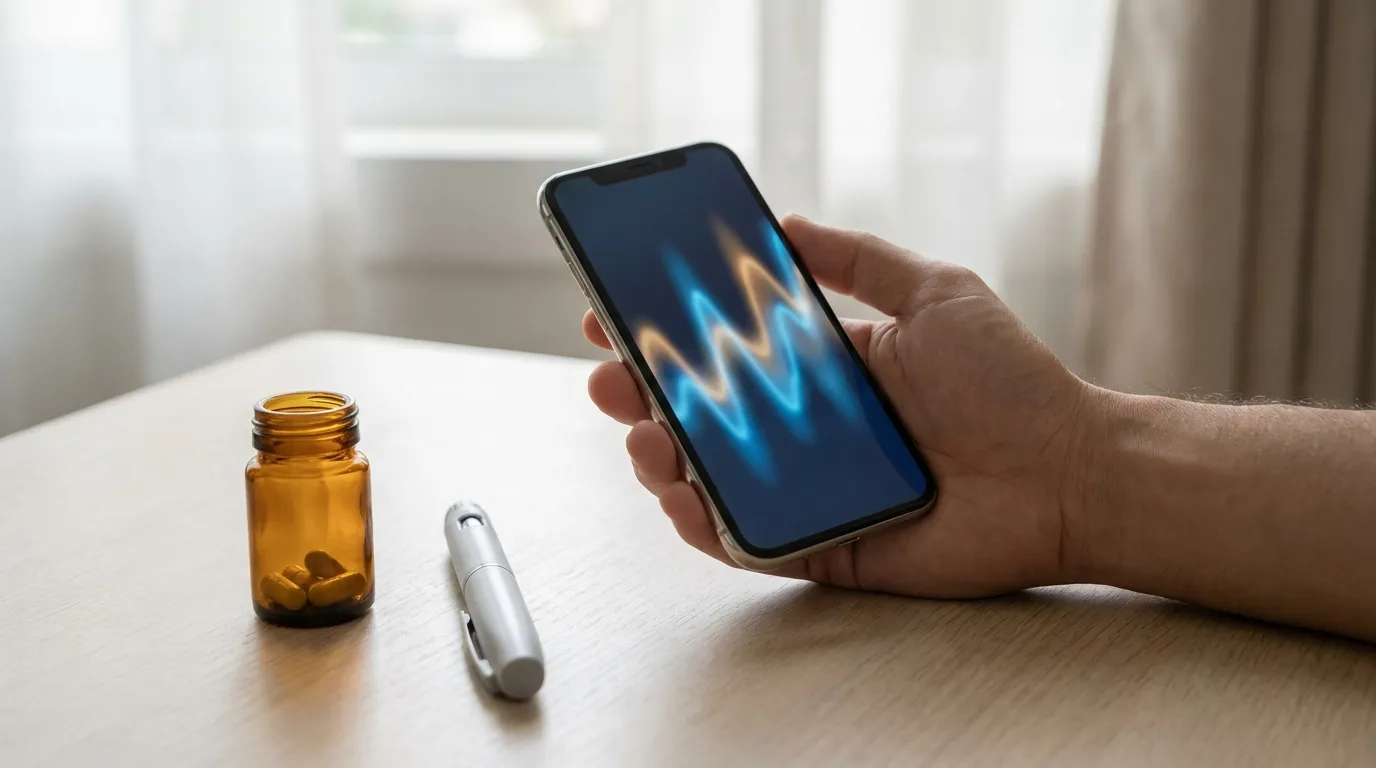 A hand holding a smartphone showing an abstract health dashboard with two ascending trend lines in blue and amber, beside an amber capsule bottle and a slim injection pen on a light wooden desk in soft morning light, no text or logos.