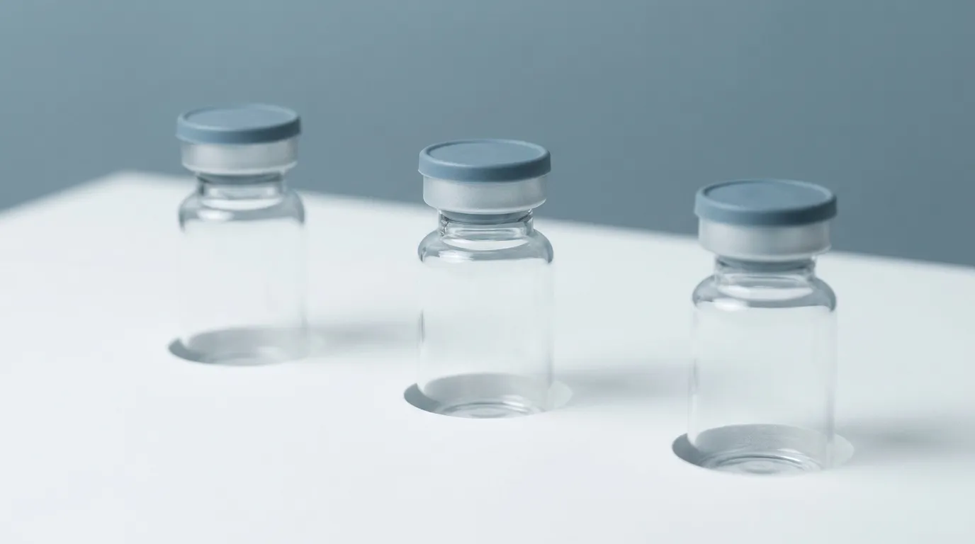 Three clear pharmaceutical vials arranged left to right on a white surface, separated by shadow gaps, representing three legal categories of peptides.
