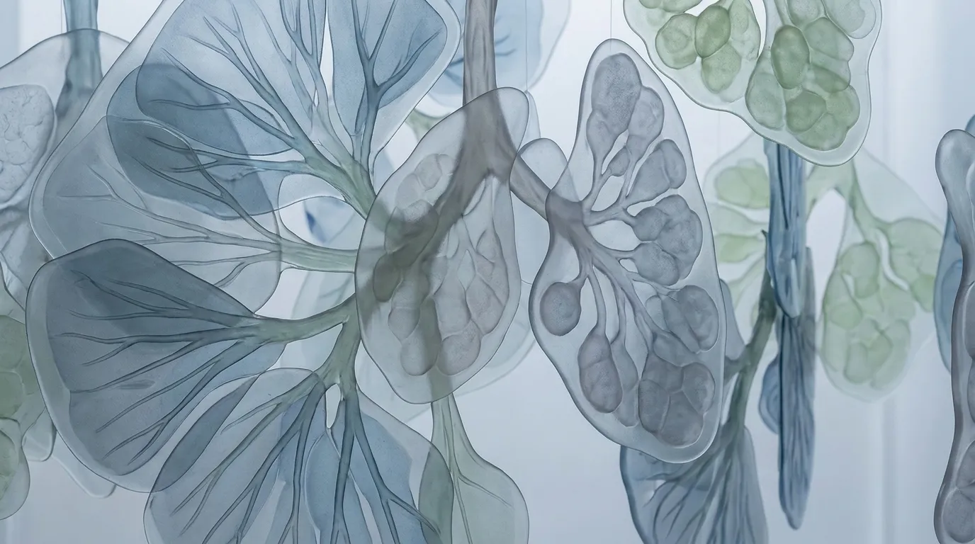 A photoreal abstract anatomical render suggesting the thymus and immune tissue, soft translucent organic forms in neutral warm and blue tones against a dark clinical background, no text or labels or logos.