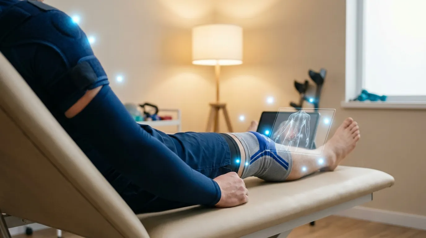 Close-up of a knee and shoulder on an athletic person with soft rehabilitation-clinic lighting and faint glowing points suggesting tissue repair at a tendon, clean medical aesthetic, no text or logos.