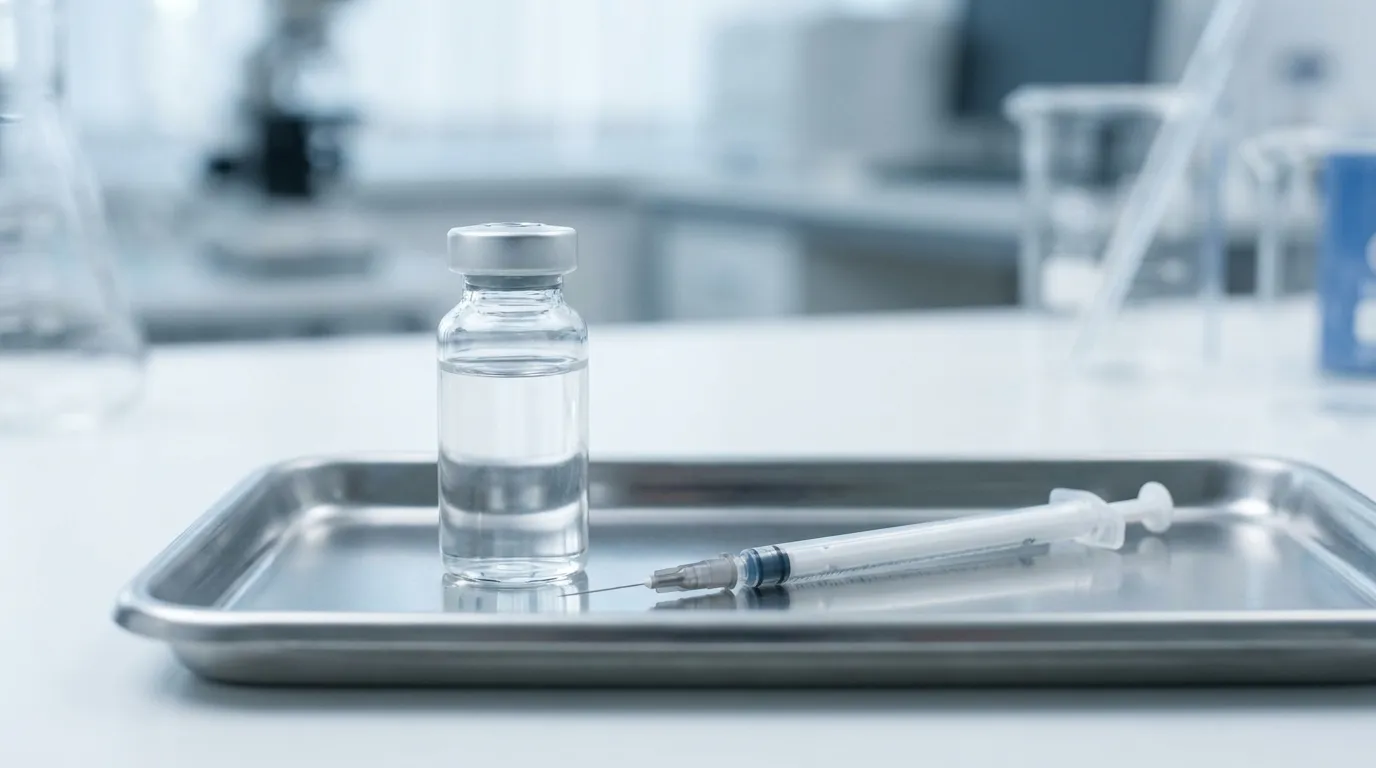A single unlabeled clear glass medical vial of reconstituted liquid next to an insulin syringe on a clean clinical surface, sterile research-laboratory aesthetic, no text or logos.