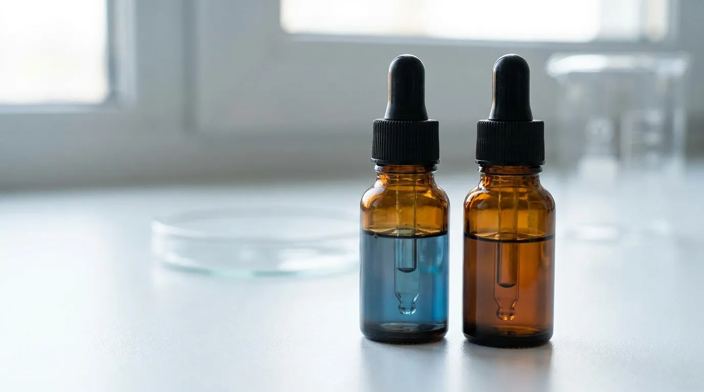 Two small unlabeled amber glass serum dropper vials standing side by side on a clean white laboratory surface with faint copper-blue tinted liquid, soft daylight, no text or logos.