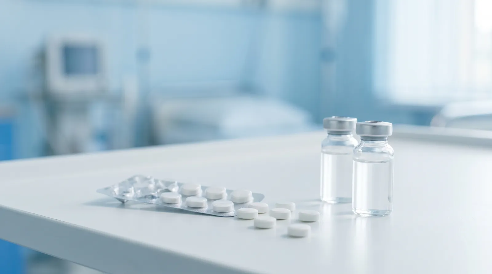 Several small round white tablets spilled from an unlabeled blister pack next to two clear glass pharmaceutical vials on a clean white clinical surface with soft blue medical tones in the blurred background, illustrating aromatase inhibitor tablets.