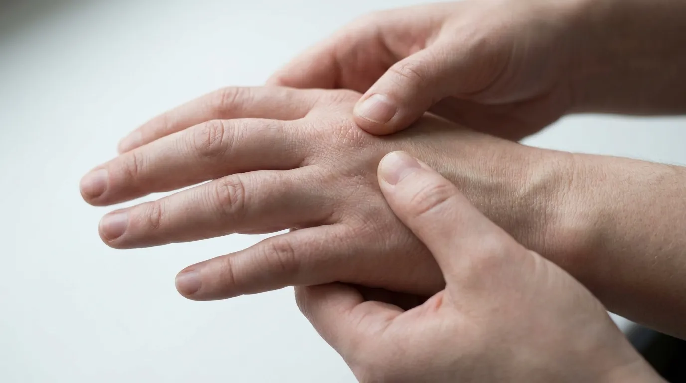 A macro close-up of a person's hands gently pressing slightly puffy fingers and the back of one hand, showing subtle mild fluid retention around the knuckles and wrist in soft natural light, illustrating mild GH-related water retention.